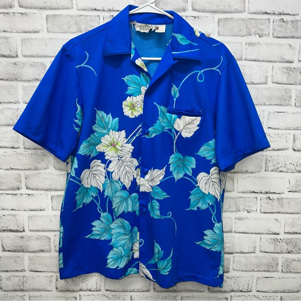 Vtg Malihini hawaii hawaiian shirt Blue Floral Button Up Polyester Medium